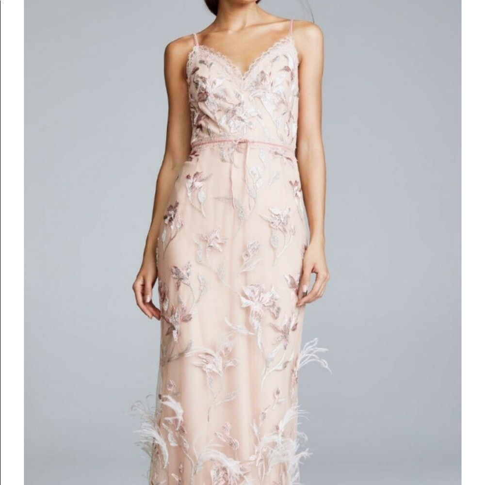 MARCHESA NOTTE  Blush Nude Feathers Dress